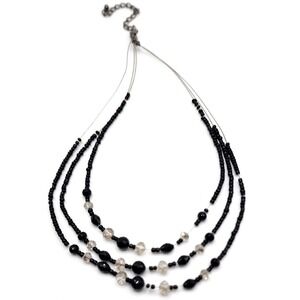 Black Beaded Necklace Triple Strand Silver Tone Adjustable 19in